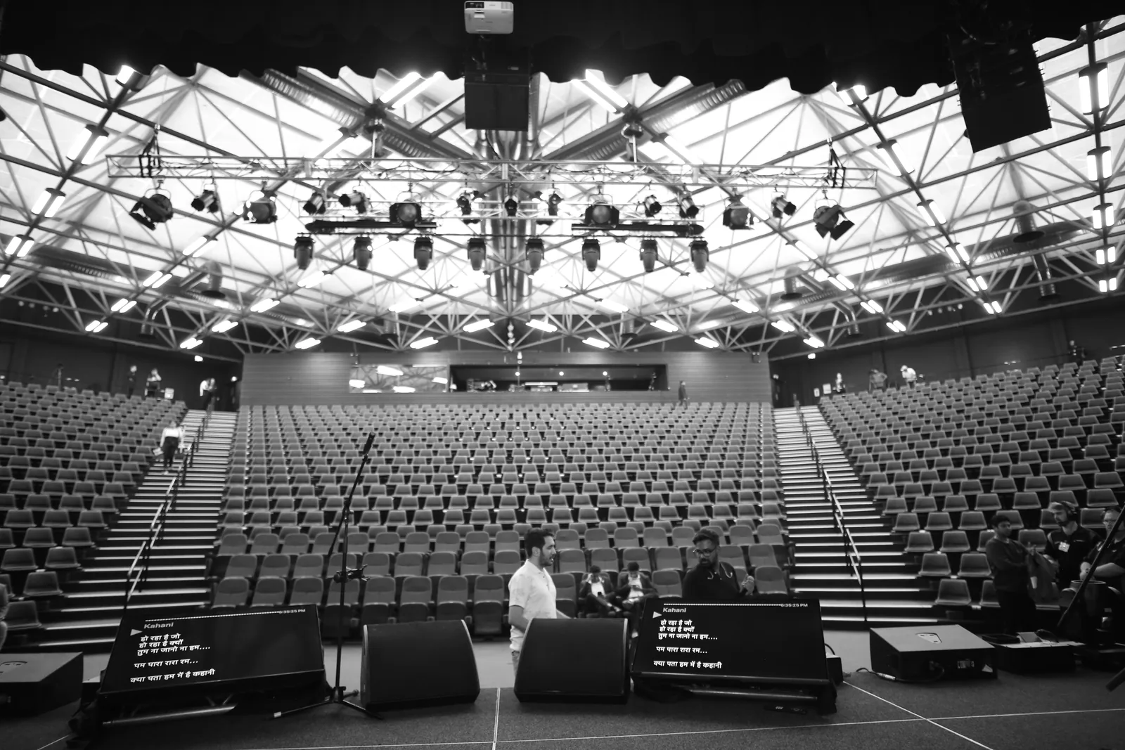 Empty auditorium before doors open, black and white