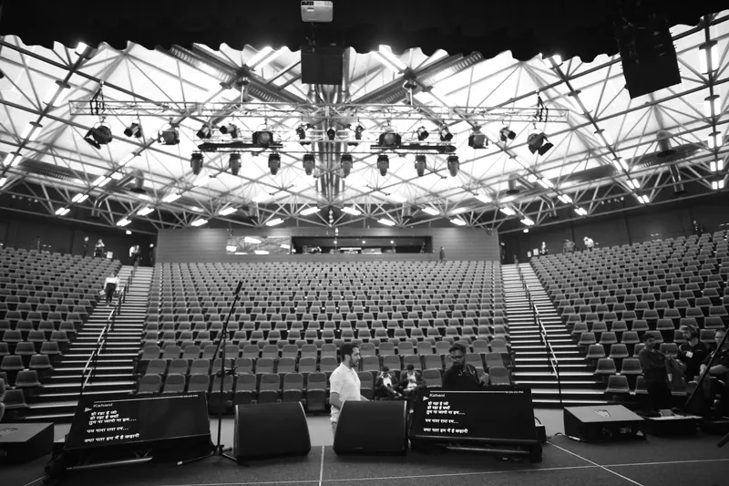 Empty auditorium before doors open, black and white